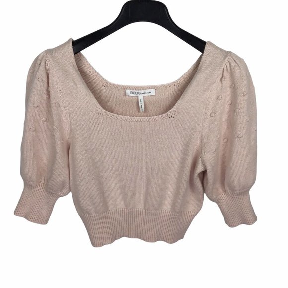 BCBGeneration Pink Short Puff Sleeve Cropped Sweater Scoop Neck Womens Medium M - Picture 4 of 6